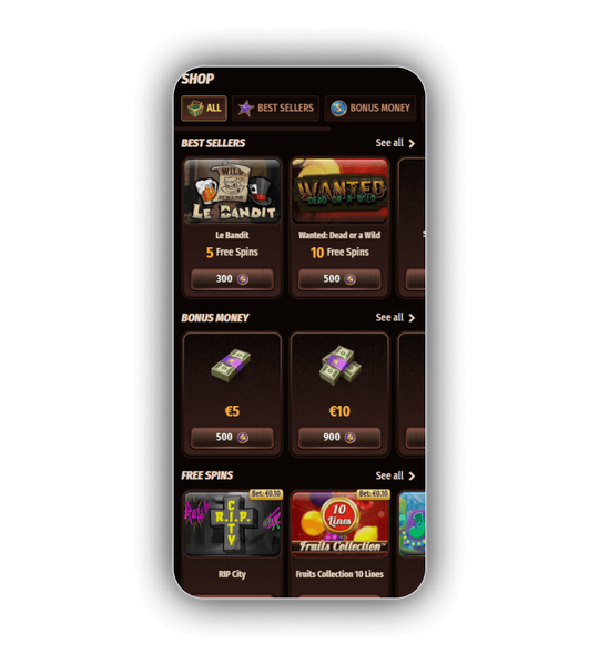 WestAce Casino Bonus Shop with tokens and reward tiles