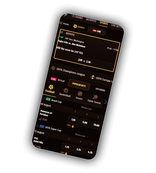 WestAce Casino Sport Betting screen with football markets and live odds